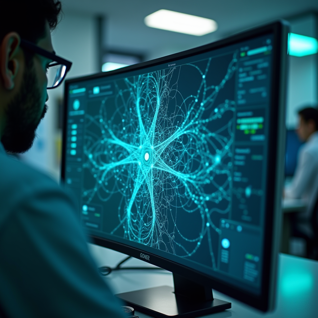 Developer monitor displaying a live neural network visualiza