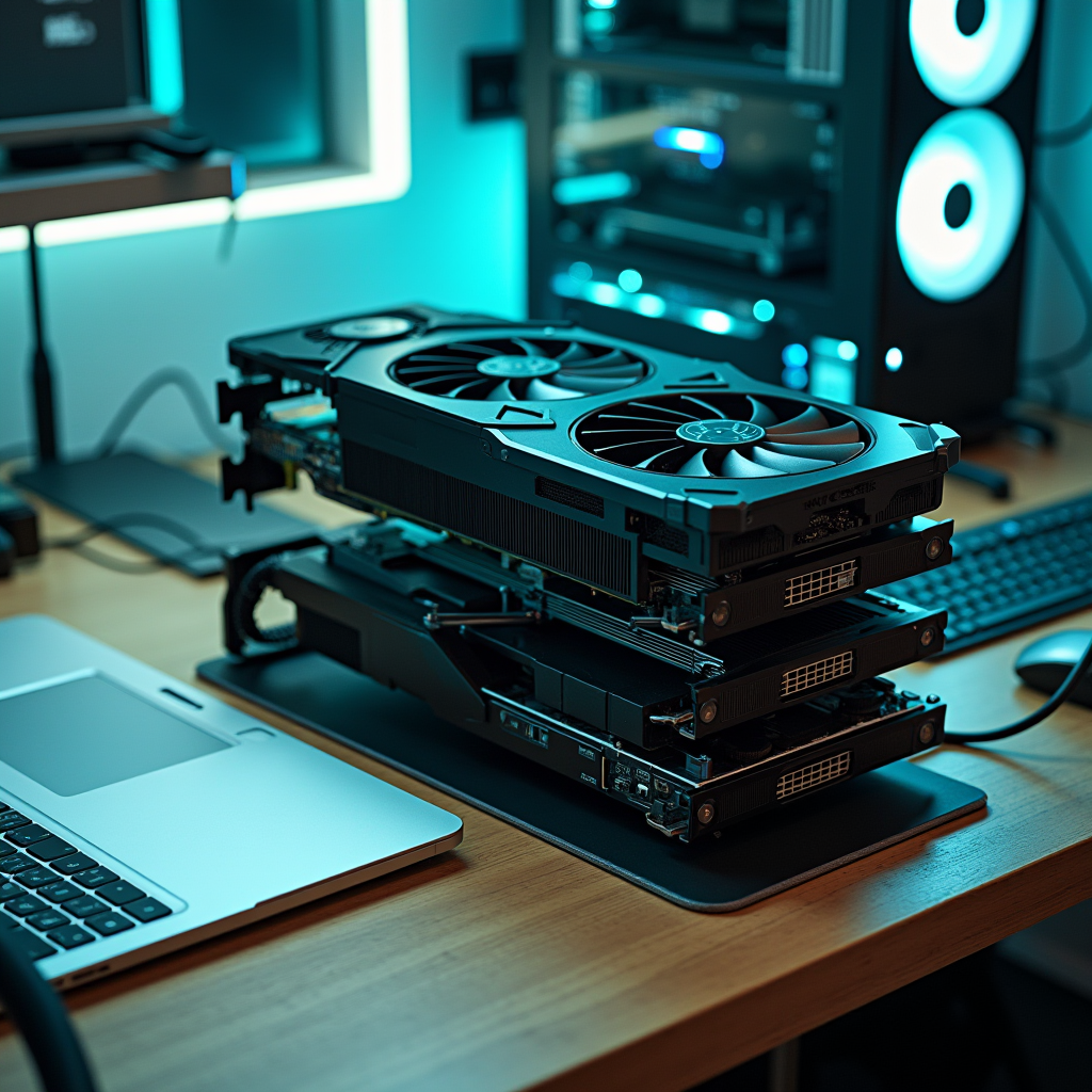 Stack of consumer graphics cards resting on a wooden desk be
