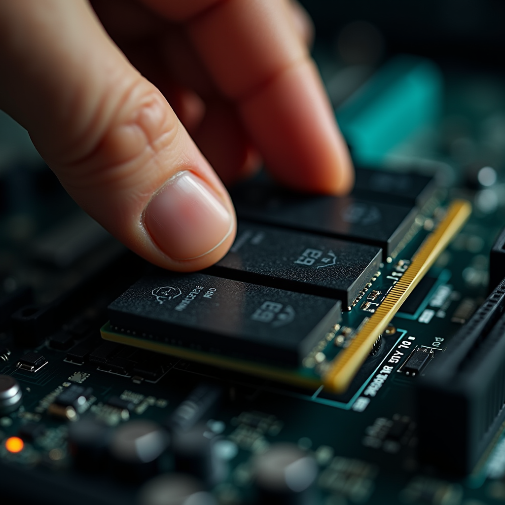 Close-up of a technician’s hands sliding a thick memory modu
