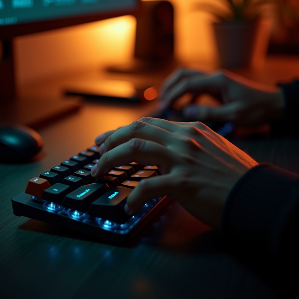 Warm monitor glow illuminates a developer’s hands typing on 