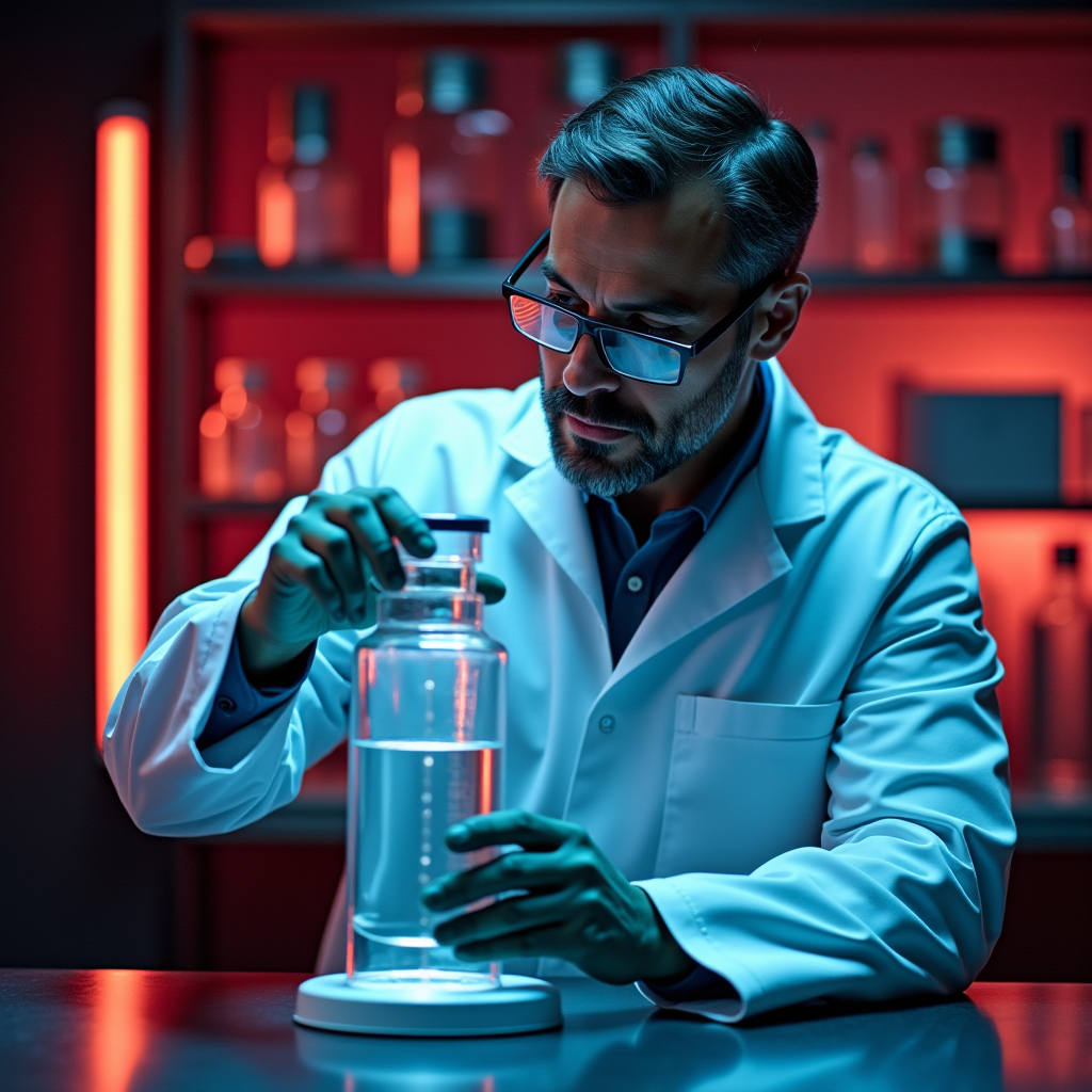 A scientist in a white coat adjusting a glass data storage c