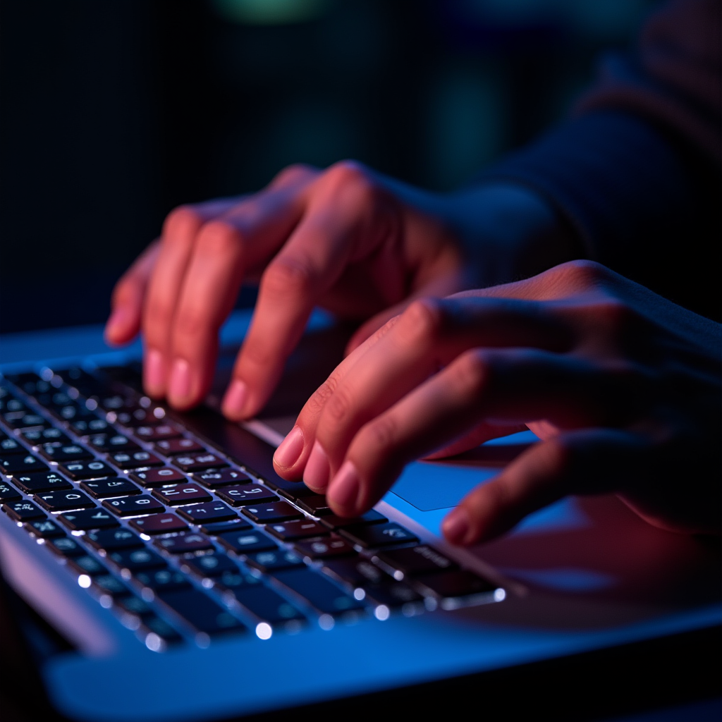 Close-up of hands typing on a backlit keyboard, fingers blur