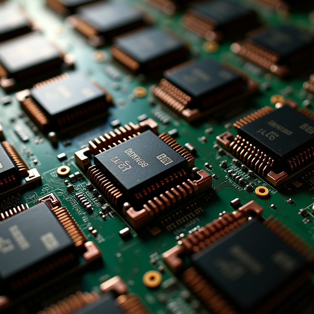 Steep overhead view of a row of black GPU chips mounted on g
