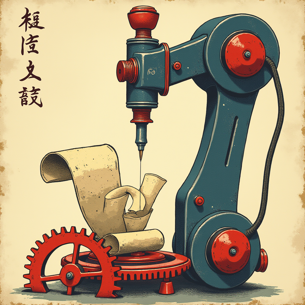 A mechanical arm with a fountain pen stamps parchment scroll
