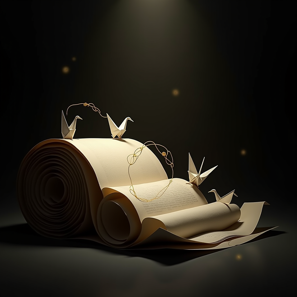A paper document rests on a spiral ramp while origami cranes