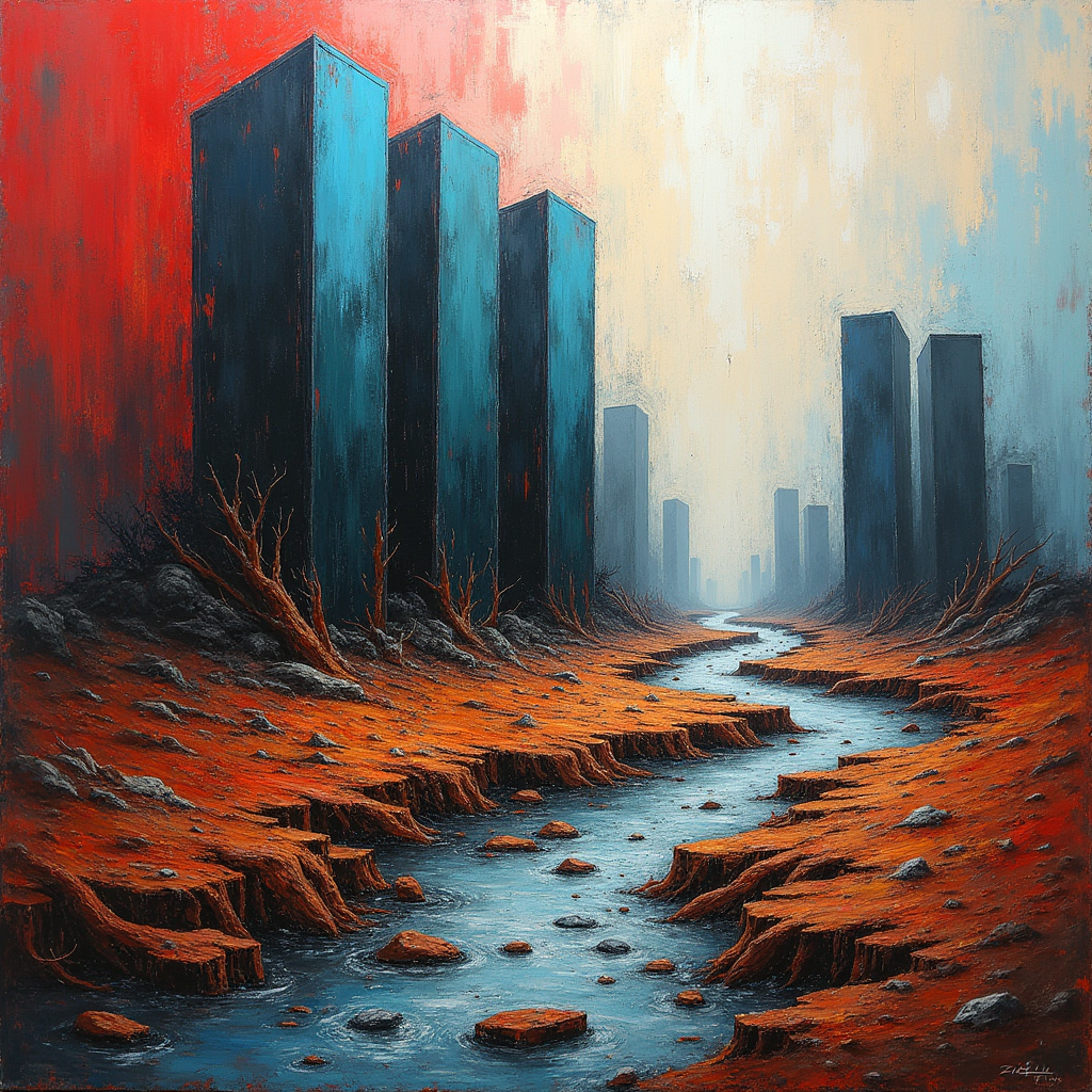 Towering glass server structures drain a dried riverbed thro