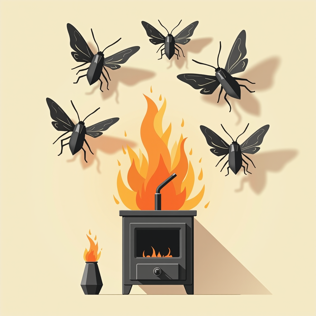 Metallic geometric moths cluster around an overheated furnac