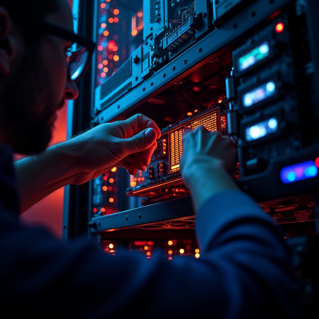 Low-angle shot of a technician adjusting a modular data cent