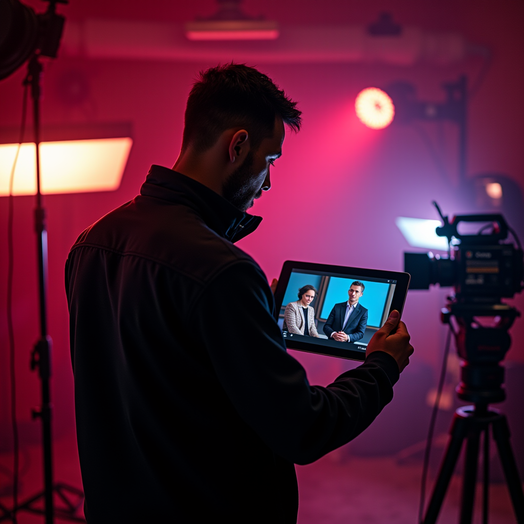 Wide shot of a film director holding a tablet displaying a l