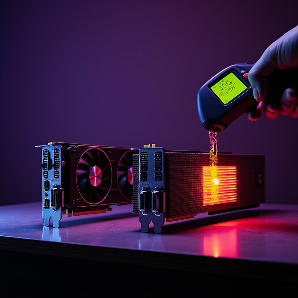 Side-view of two competing GPU cards sitting on a metal test