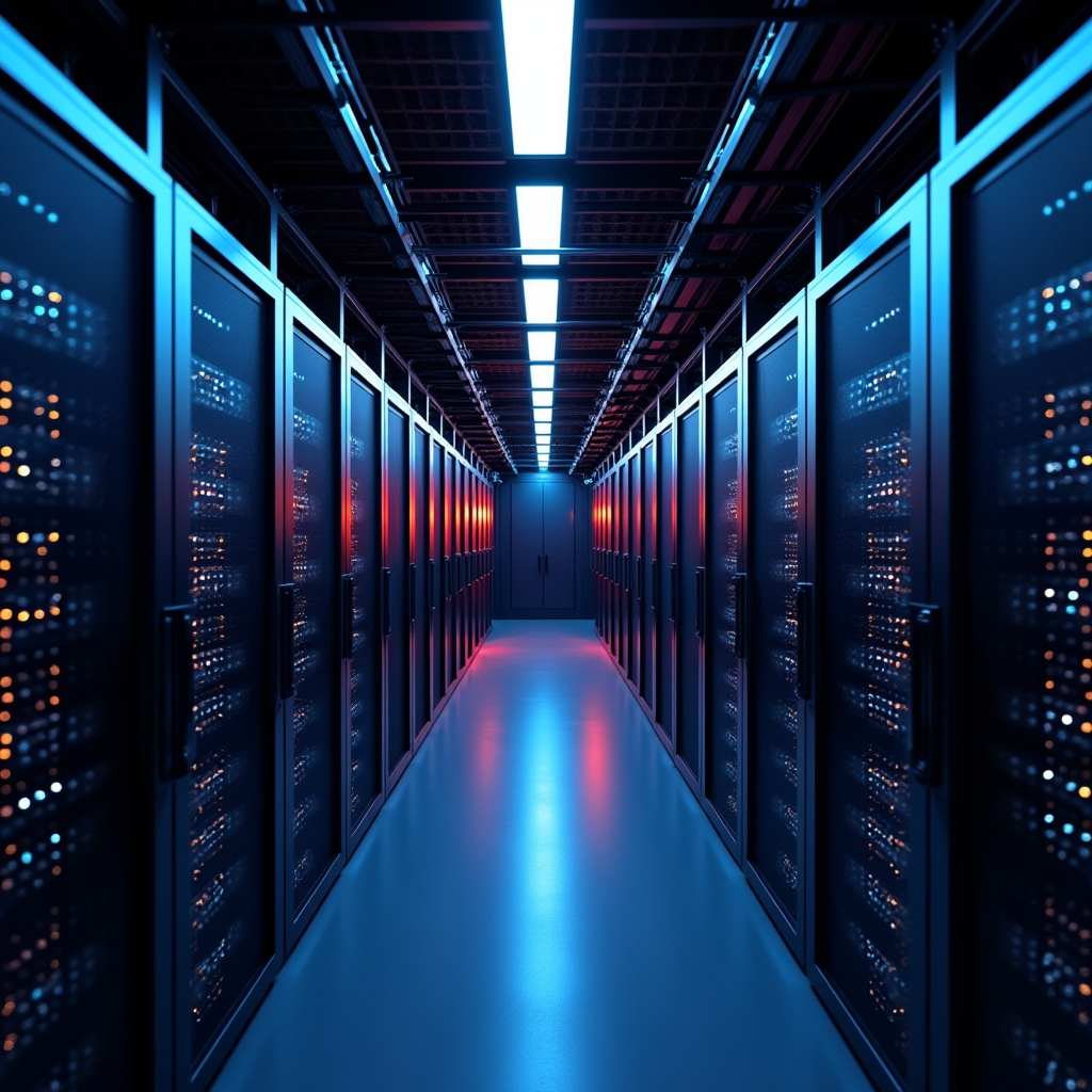 Wide shot of a modern data center aisle with rows of blinkin