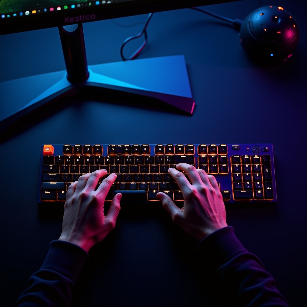 Overhead view of hands actively typing on a backlit mechanic