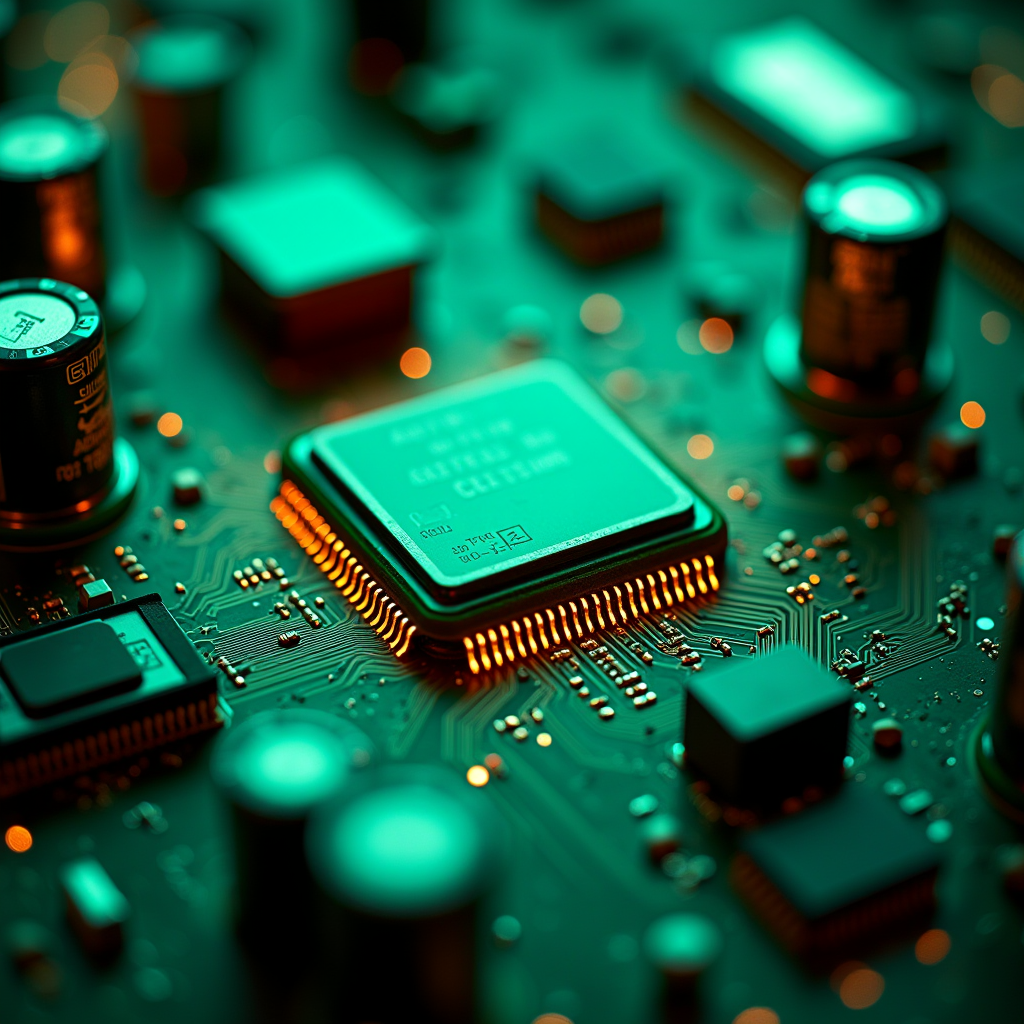 Macro perspective of a green motherboard with a central proc