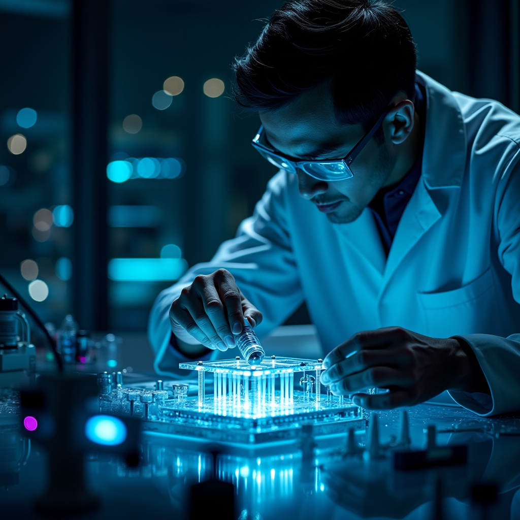 A researcher adjusting soldering equipment on a workbench cl