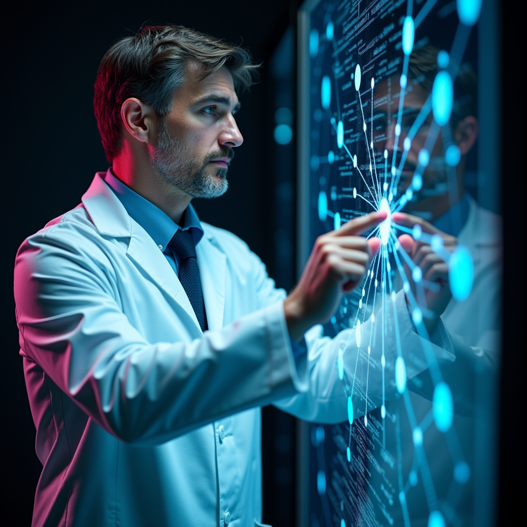 Researcher in a white lab coat adjusting a large transparent