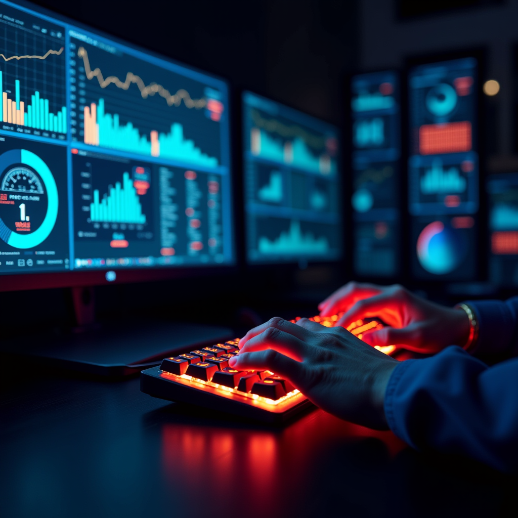 Technician hands typing rapidly on a backlit mechanical keyb
