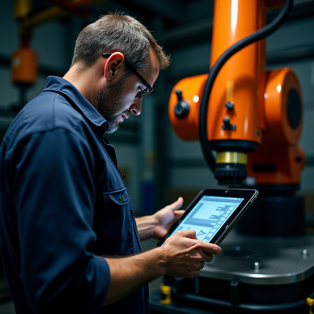 Precision engineer calibrating a large industrial robotic ar