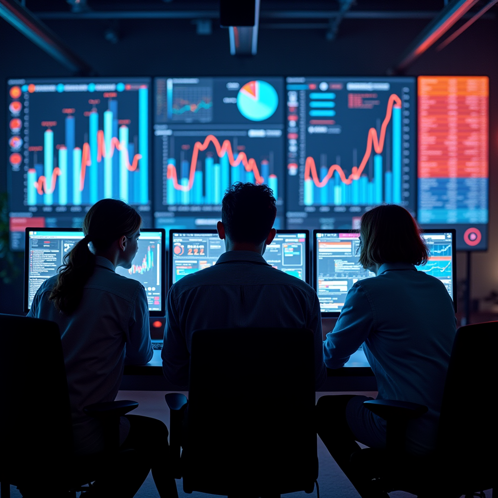 Team of engineers watching a wall of monitors displaying ani