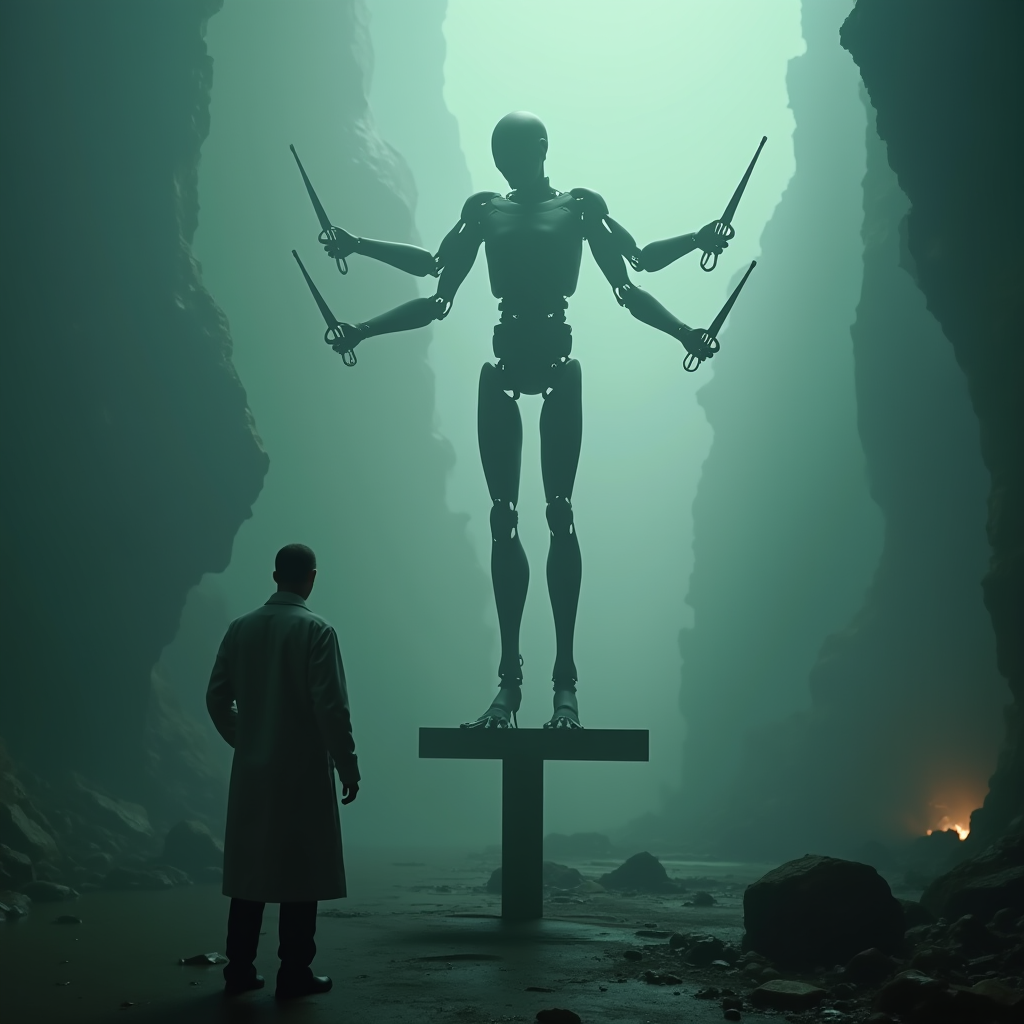 Scientist standing beside a three-armed humanoid balancing o