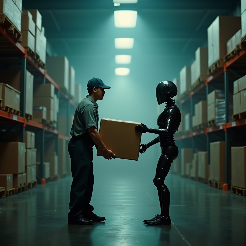 Warehouse employee passing a heavy cardboard crate to a wait