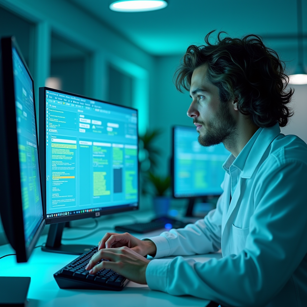 A data analyst reviews a towering server rack with blinking 