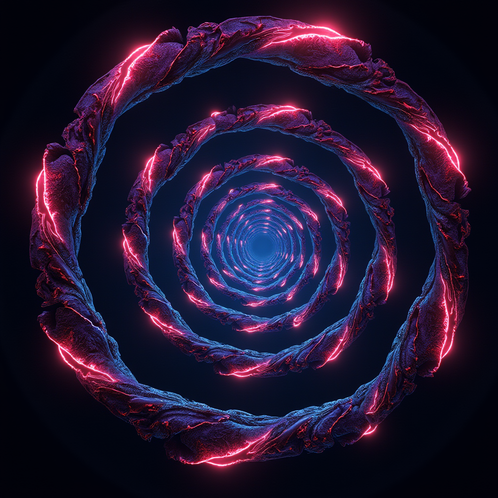 Interlocking rings of glowing light forming a recursive, inf