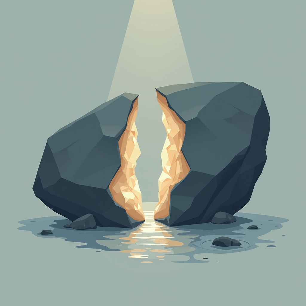 A smooth river stone split open to expose a core of interloc