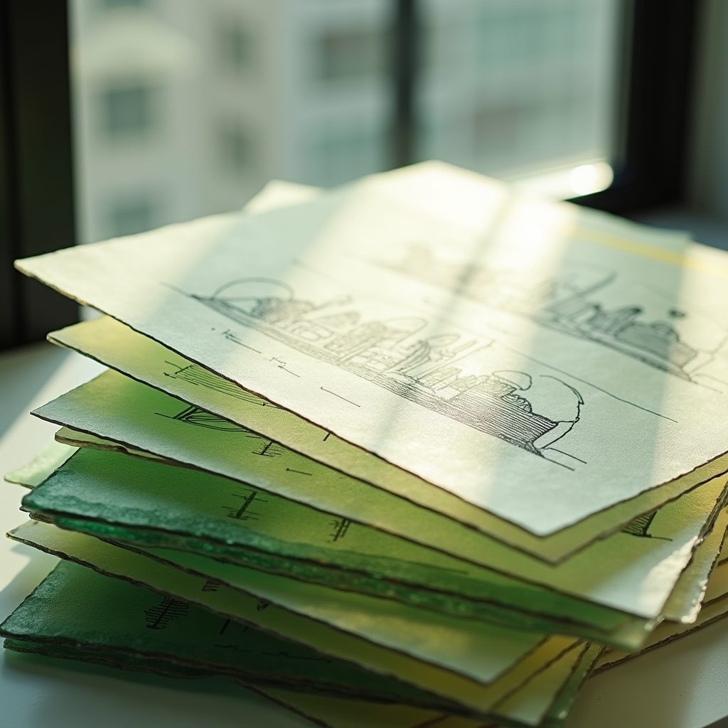 A stack of translucent vellum sheets with precise black line