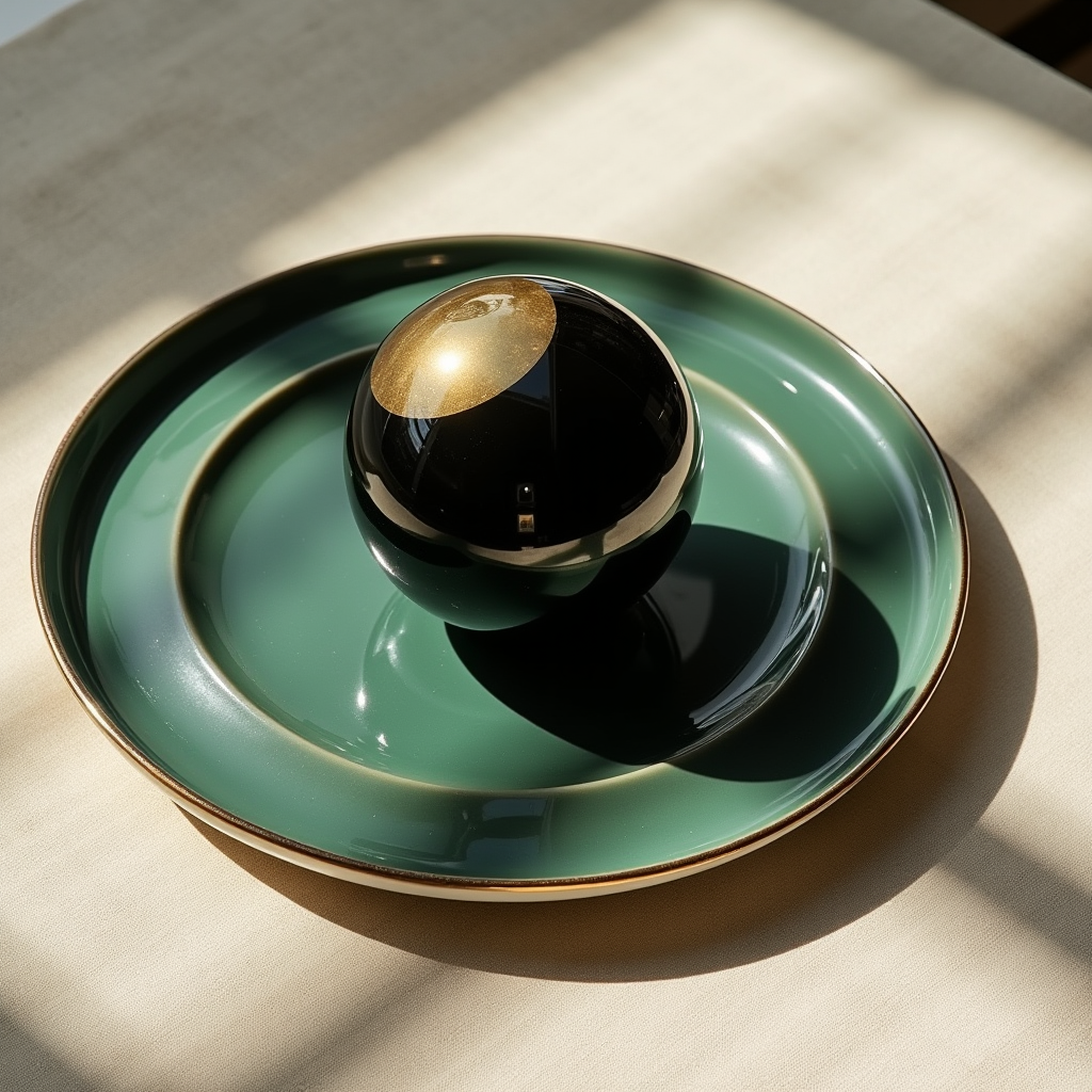A polished obsidian sphere resting on a matte ceramic plate,