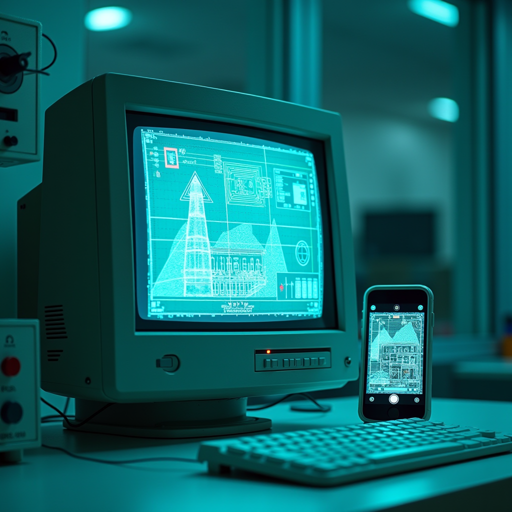 A vintage CRT monitor displaying early wireframe graphics si