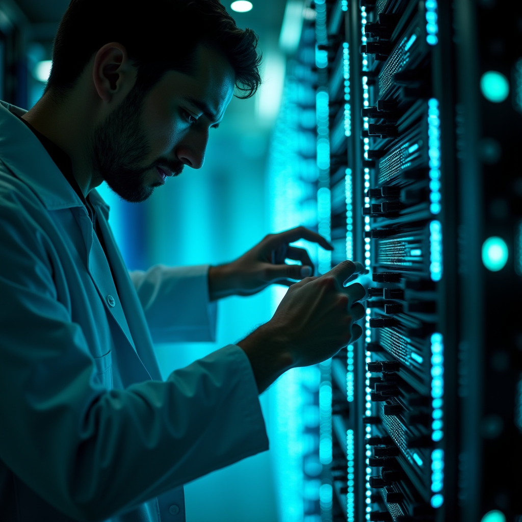 An engineer tracing glowing fiber optic cables through a mas