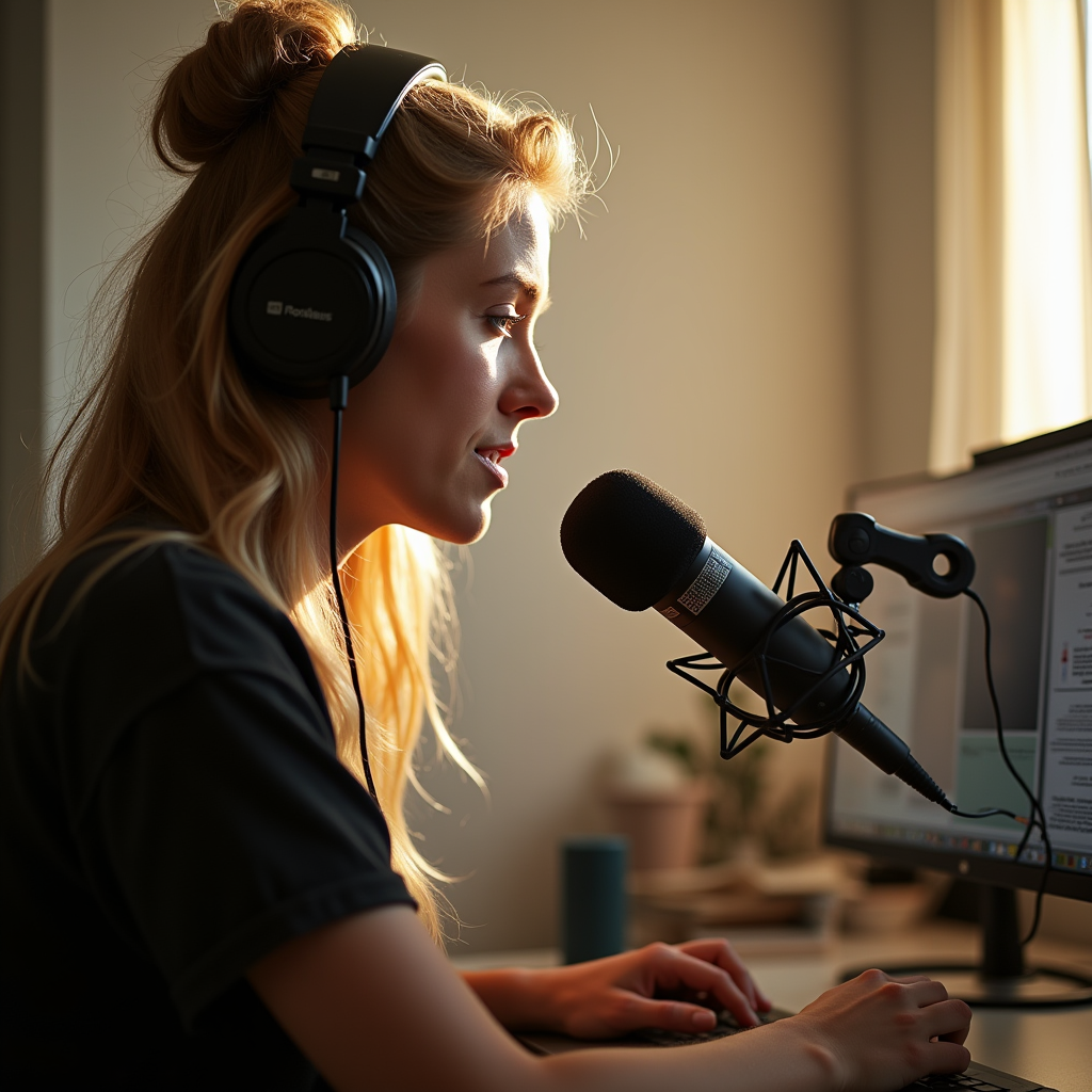 A podcaster wearing a headset while recording into a smartph