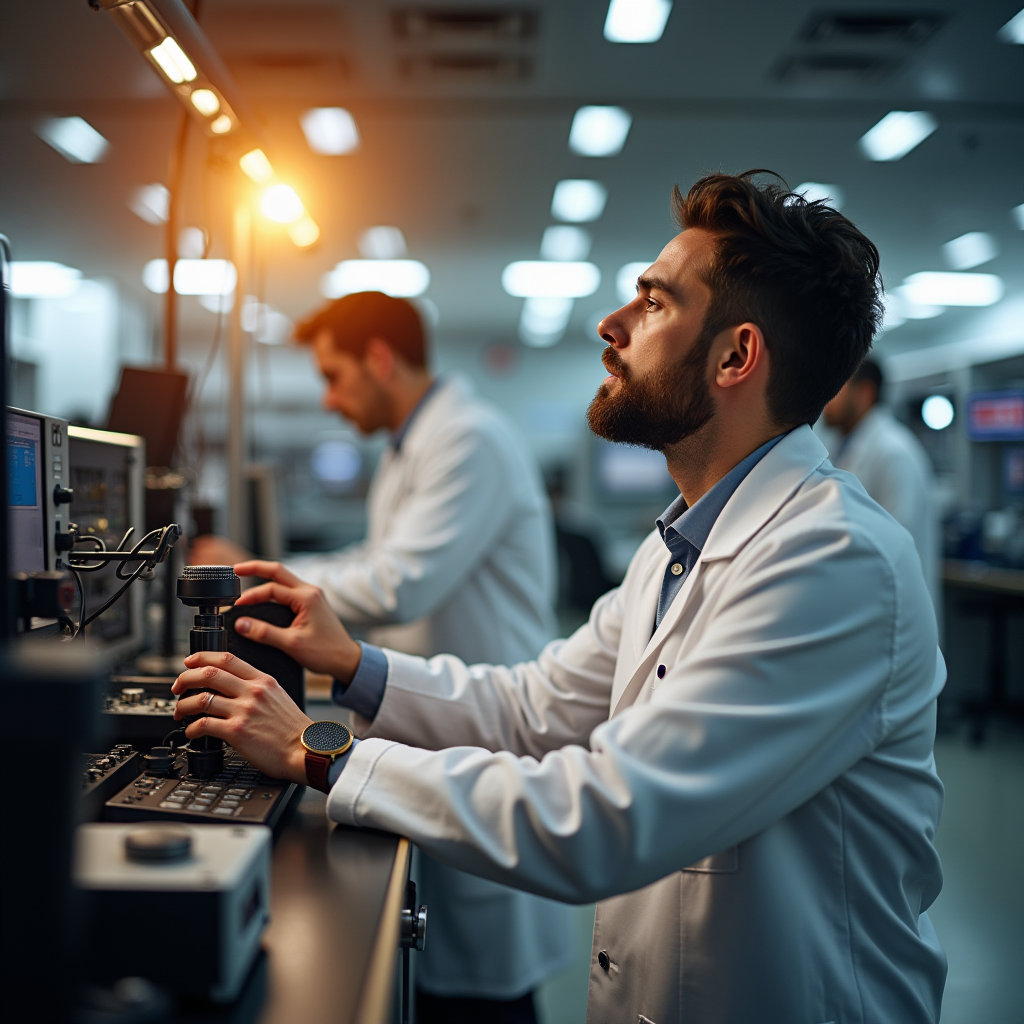 A researcher in a white coat adjusting precision audio calib