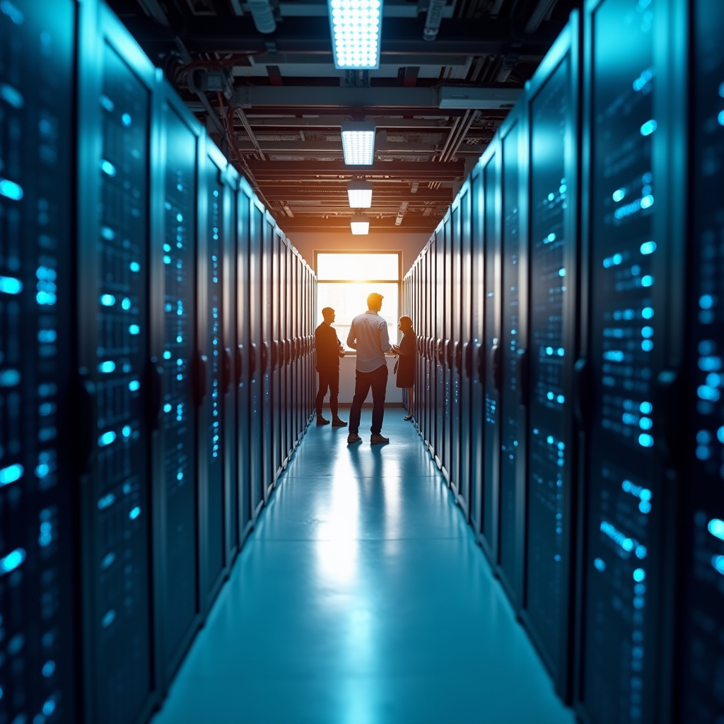 Rows of blinking server racks in a cool blue data center, sh