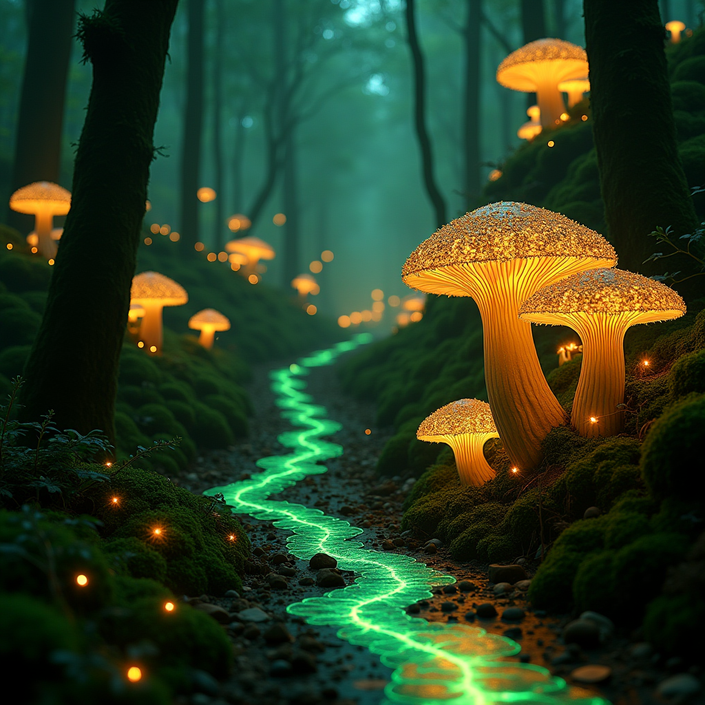 A dense forest of luminescent fungi where glowing spores tra