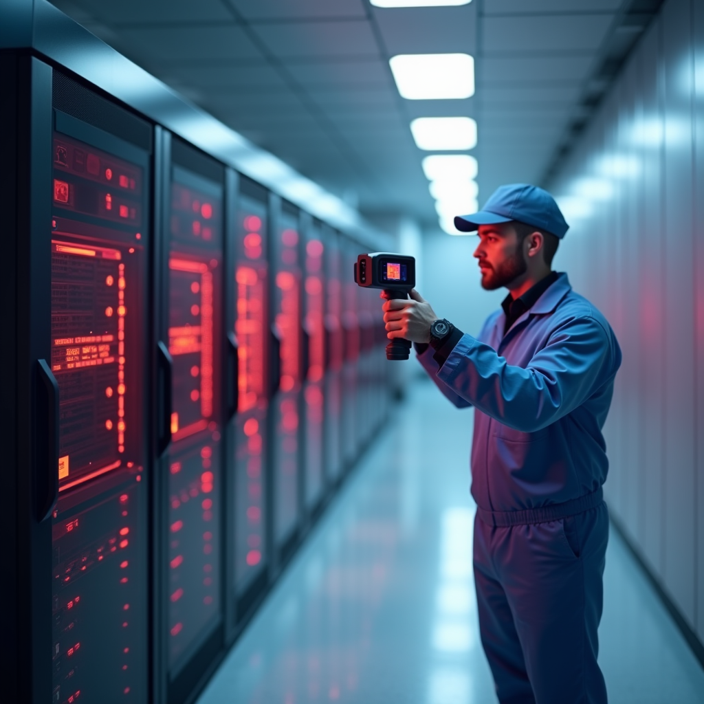 A technician in a cleanroom holding a thermal imaging camera