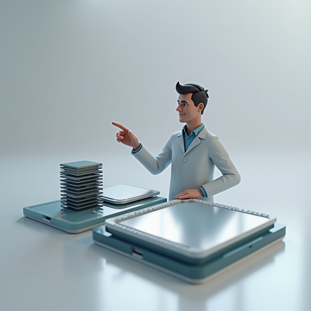 An engineer pointing at two distinct processor designs on a 