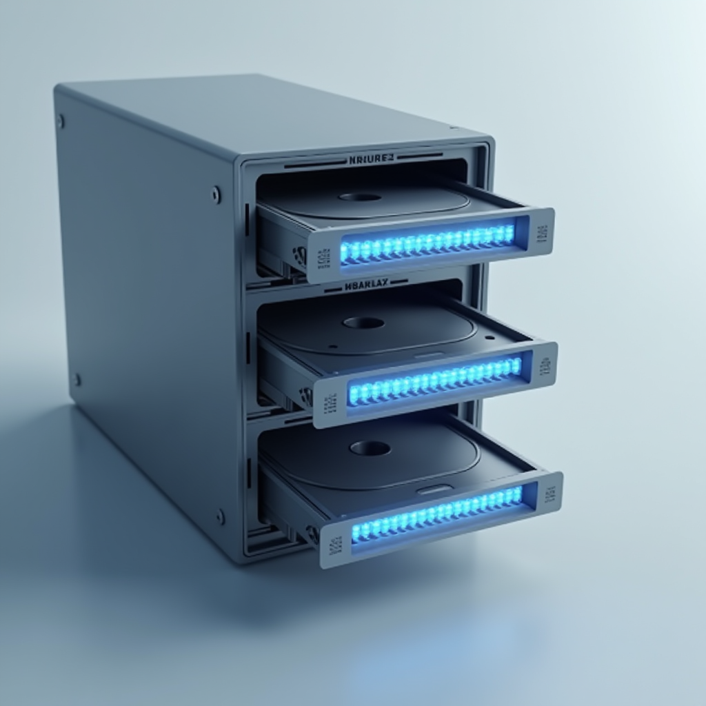 A close up of a stacked storage enclosure, metallic drive tr