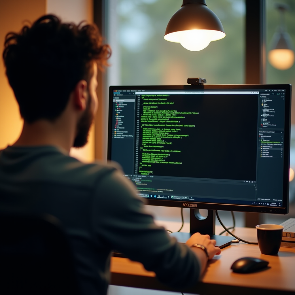 Over-the-shoulder view of a developer’s monitor displaying a