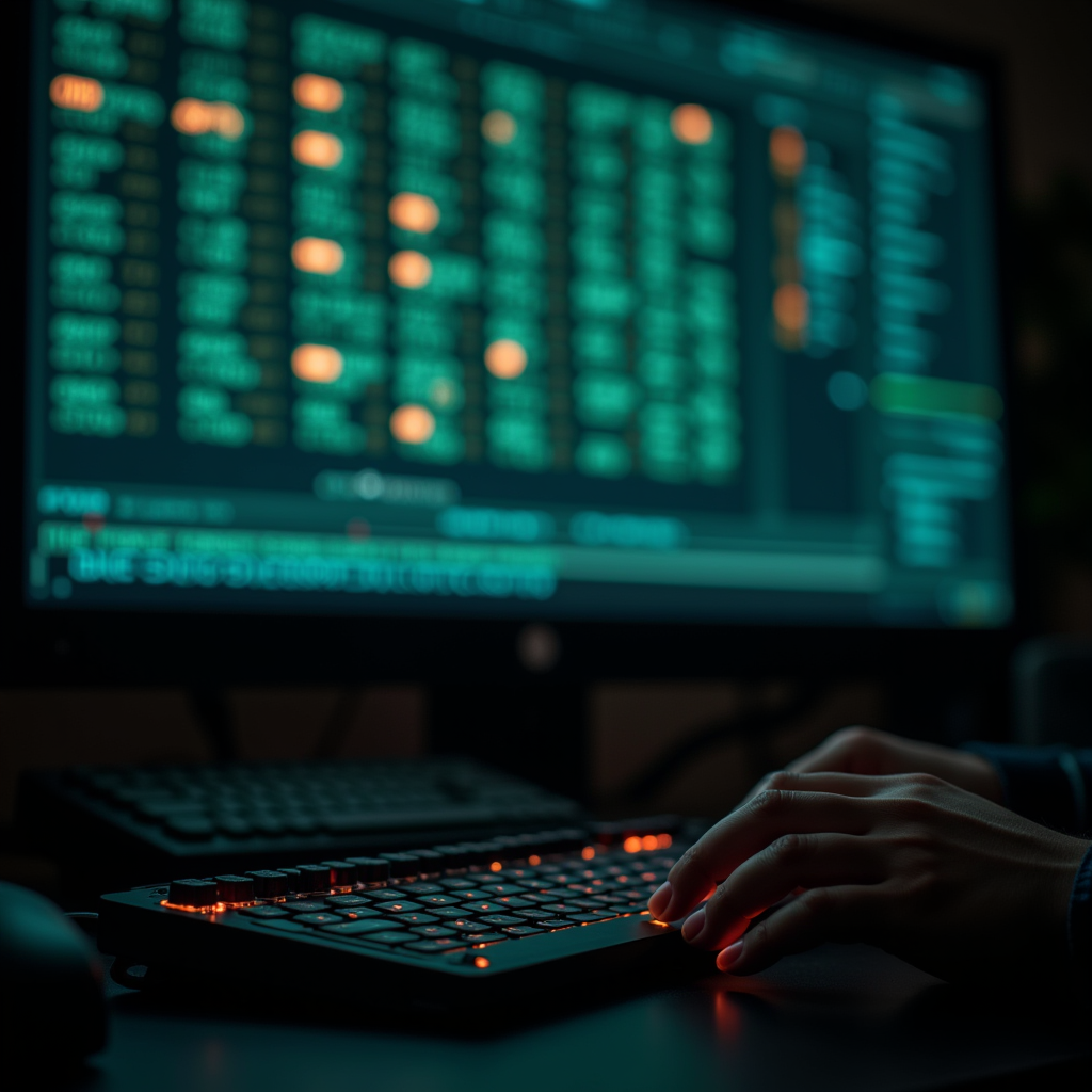 A developer’s hands resting on a mechanical keyboard, a glow