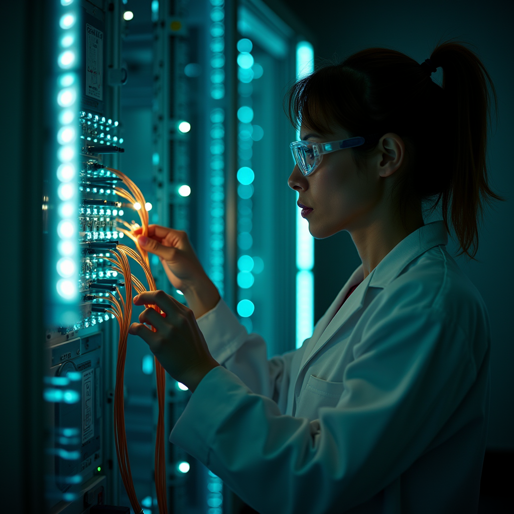 A materials scientist in a cleanroom adjusting a bundle of g