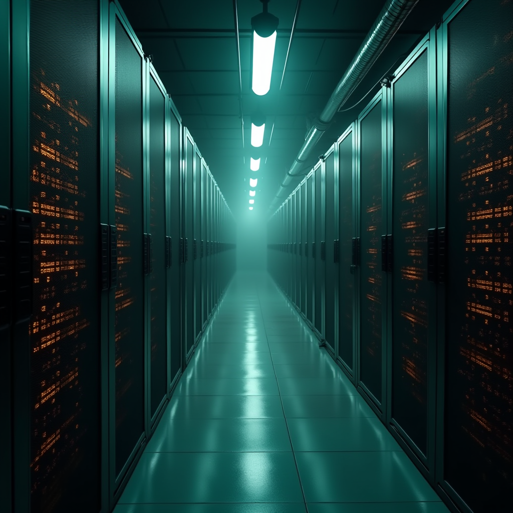 A sprawling hyperscale data center aisle lined with towering