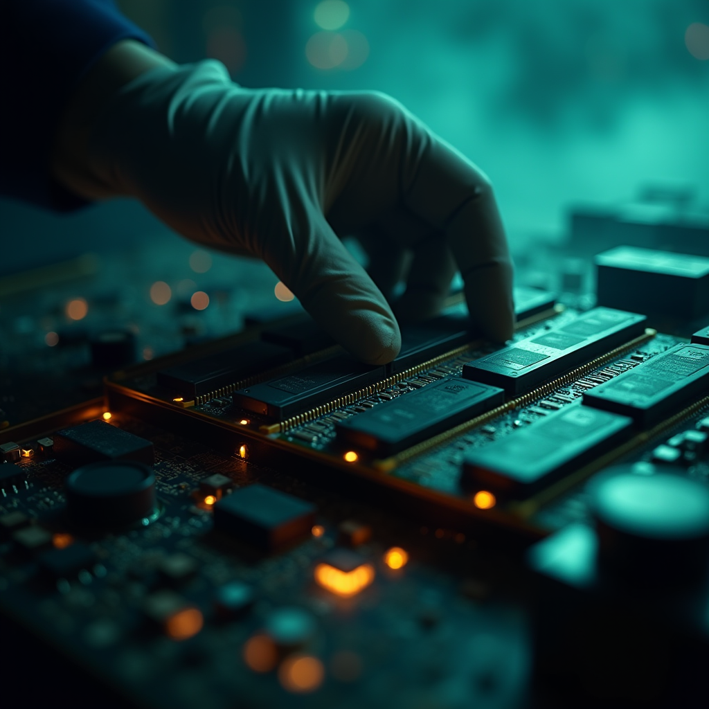 A technician’s gloved hand inserting a massive DDR5 memory m
