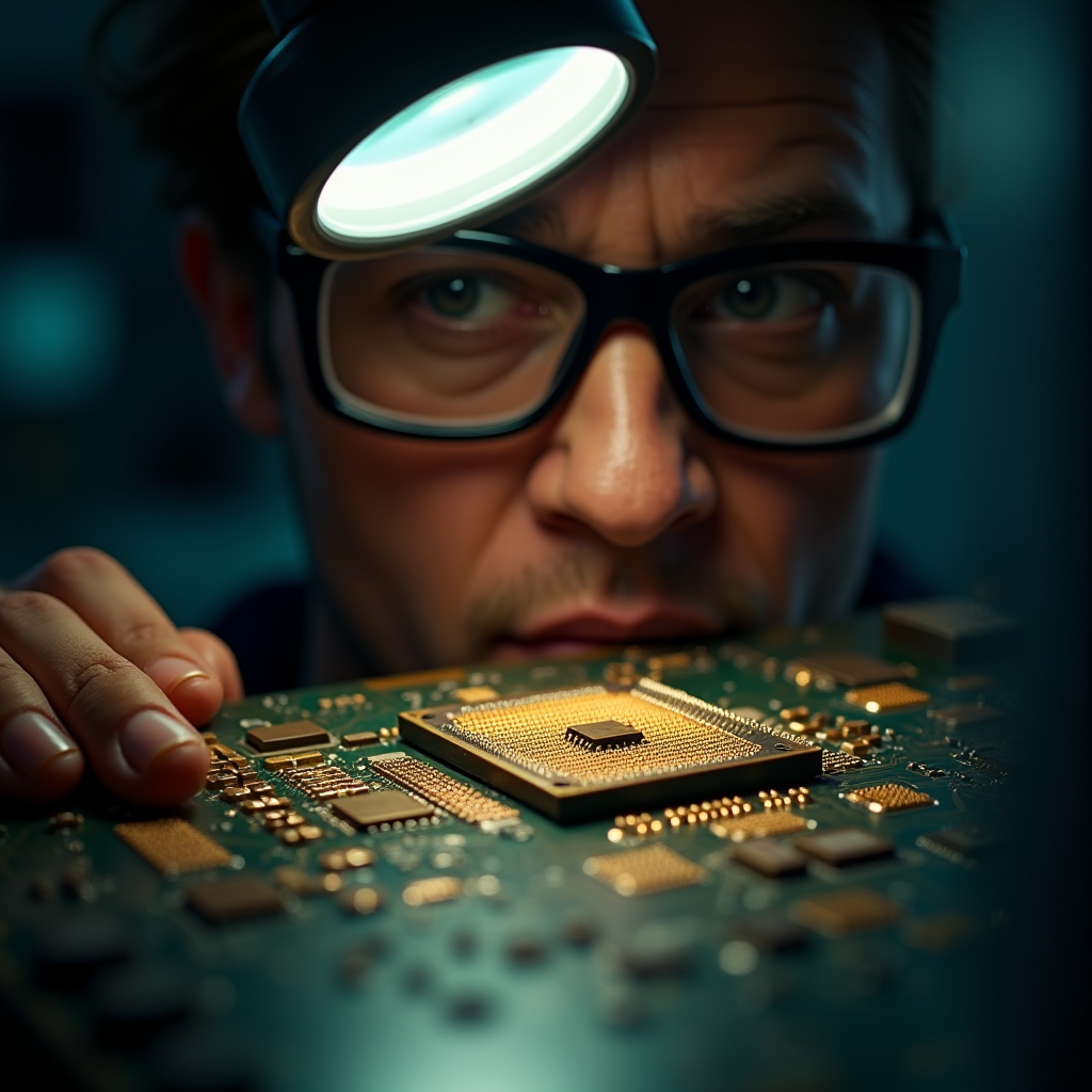 A technician peers through a magnifying loupe at a microchip