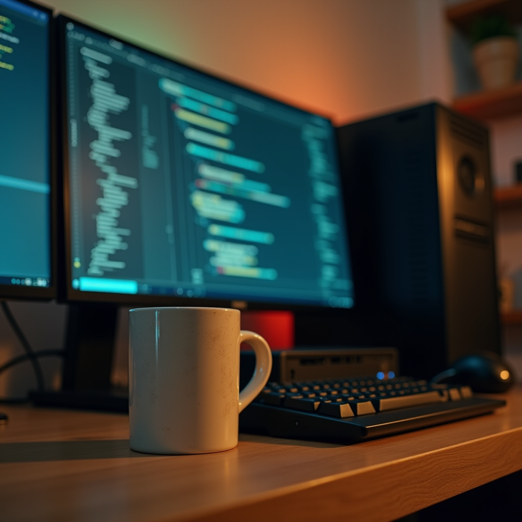 Eye-level perspective of a developer’s desk featuring a slee