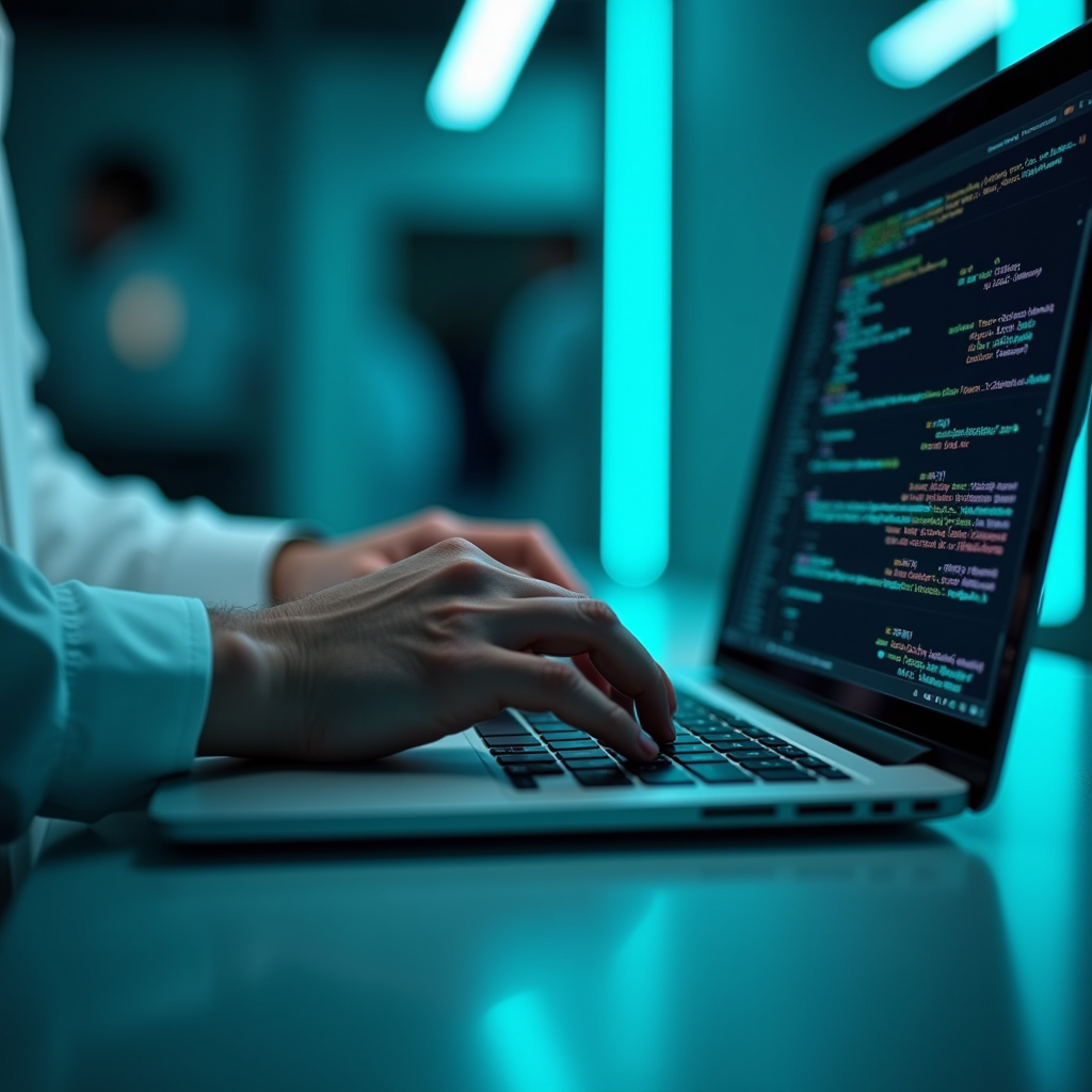 Over the shoulder view of a developer typing on a laptop key