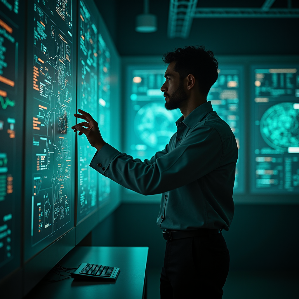 A computational scientist points at a wall of printed networ