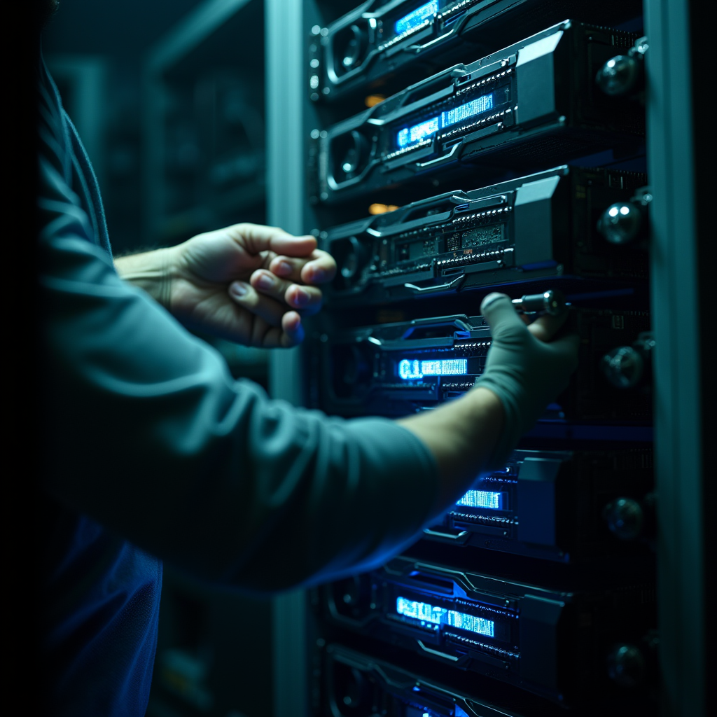 A technician tightens mounting screws on a rack of densely p