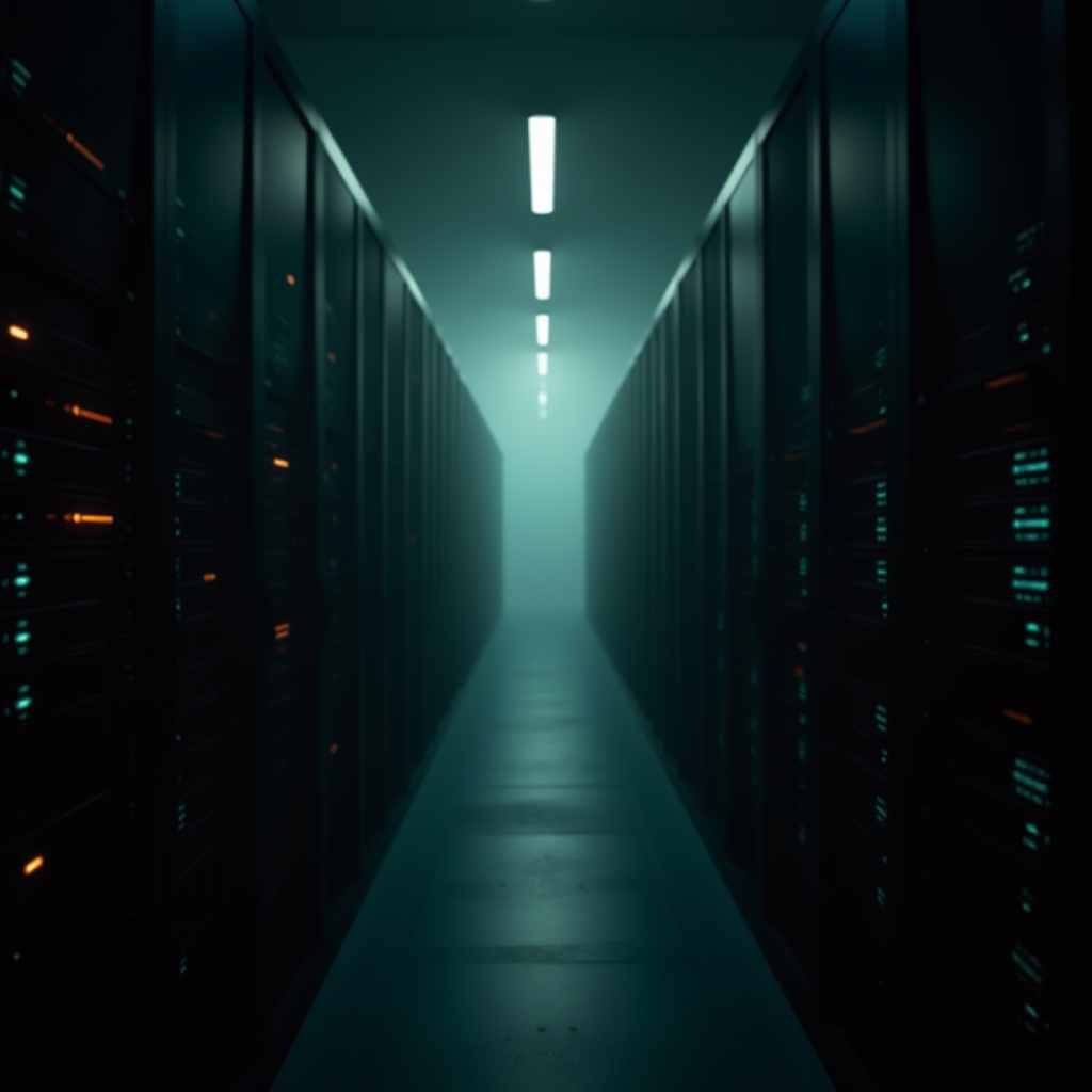 A wide-angle view down a narrow data center aisle, rows of b