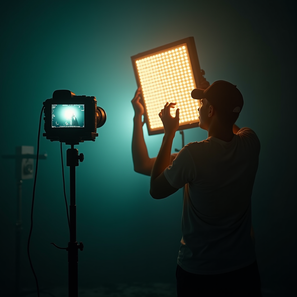 A photographer adjusts a large studio light panel, the glowi